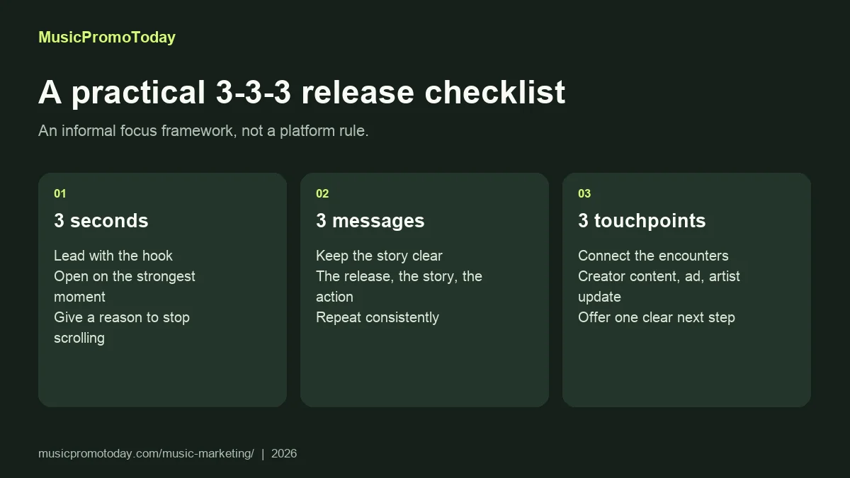 The 3-3-3 marketing rule applied to a music release: a three-second hook, three core messages and three fan touchpoints