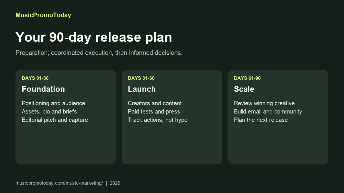 90-day music marketing plan timeline split into foundation, launch and scale phases for an independent artist release